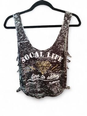 Y2K So Cal graphic gray black muscle tank top open sides and deep back Medium